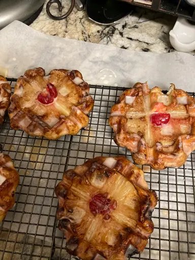 Pineapple upside down cinnamon roll waffles